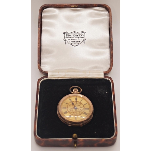 397 - A 19th century 9k cased fob watch with decorative engraved casework and gilded dial