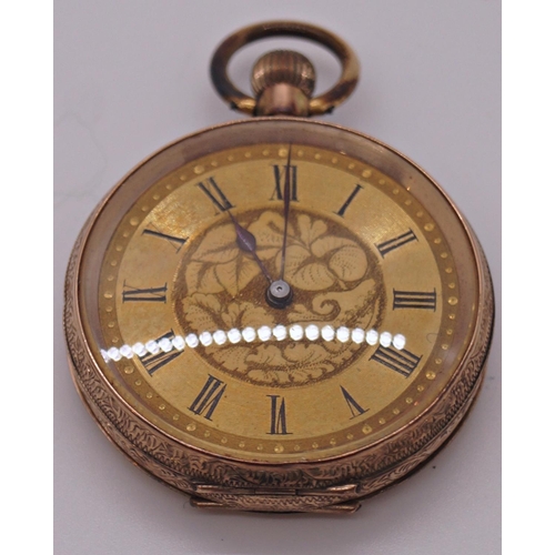 397 - A 19th century 9k cased fob watch with decorative engraved casework and gilded dial