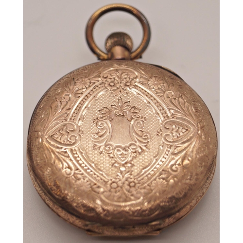 397 - A 19th century 9k cased fob watch with decorative engraved casework and gilded dial