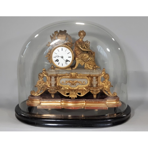 405 - A mid-19th century gilt brass and alabaster panelled mantel clock, surmounted by a female figure rep... 