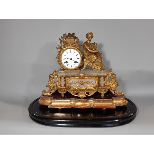 405 - A mid-19th century gilt brass and alabaster panelled mantel clock, surmounted by a female figure rep... 