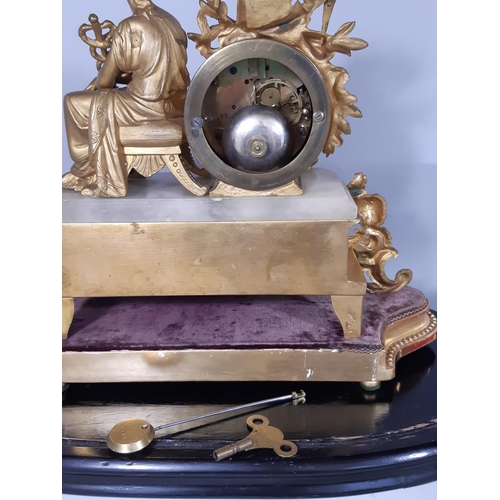 405 - A mid-19th century gilt brass and alabaster panelled mantel clock, surmounted by a female figure rep... 