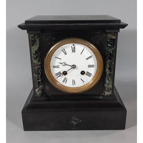 408 - A Victorian black slate and polished marble mantel clock with enamelled dial and eight striking move... 