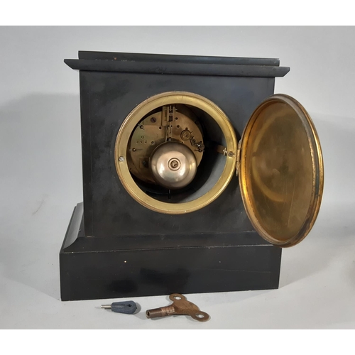 408 - A Victorian black slate and polished marble mantel clock with enamelled dial and eight striking move... 