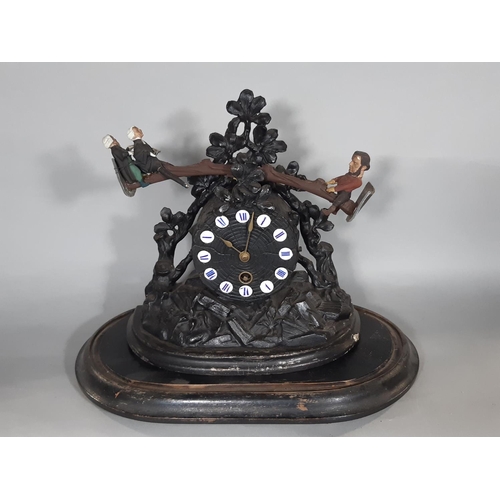 412 - An American mantel clock in carved spelter, the clock face simulating a timber log, with applied Rom... 