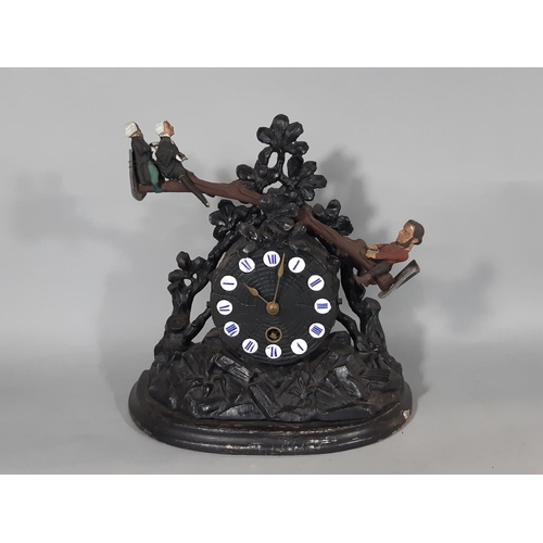 412 - An American mantel clock in carved spelter, the clock face simulating a timber log, with applied Rom... 