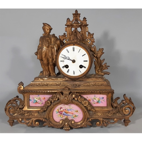 413 - A Victorian gilt brass mantel clock enclosing French porcelain panels, probably by Sevres, with enam... 