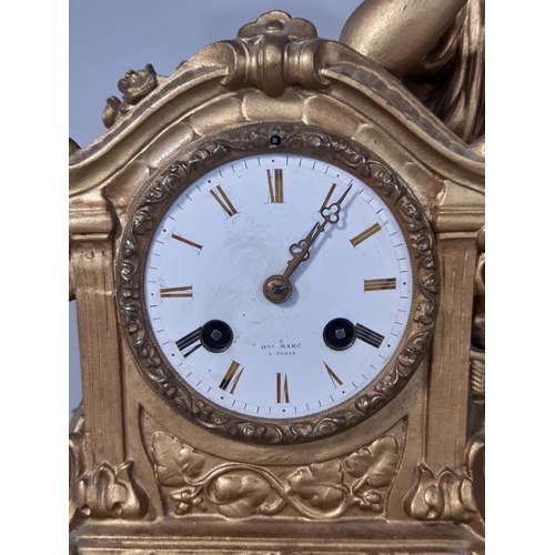 418 - A 19th century gilded spelter mantel clock in the romantic style with eight day striking movement, t... 