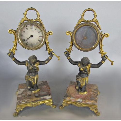 421 - A good quality pair of 19th century gilt brass and bronze mantel piece items comprising a clock, the... 