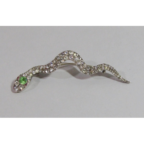 367 - Victorian 900 silver paste set snake brooch, 9.5cm L approx