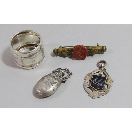 369 - Mixed collection of costume jewellery to include a silver music medal fob, goldstone nanny pin, silv... 