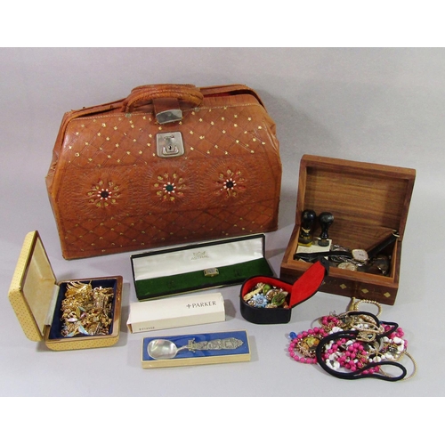 375 - Collection of vintage costume jewellery and wristwatches, together with a brass inlaid wooden box an... 