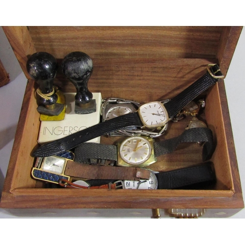 375 - Collection of vintage costume jewellery and wristwatches, together with a brass inlaid wooden box an... 