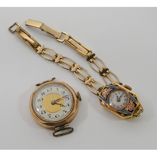 389 - 1920s 9ct watch, together with a further yellow metal watch with floral enamelled decoration, stampe... 