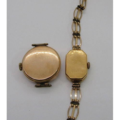 389 - 1920s 9ct watch, together with a further yellow metal watch with floral enamelled decoration, stampe... 