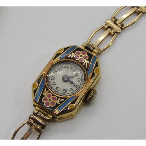 389 - 1920s 9ct watch, together with a further yellow metal watch with floral enamelled decoration, stampe... 