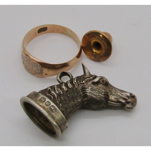 361A - 9ct dress stud, 0.6g, a silver miniature horse bust fob (seal vacant), maker Payton, Pepper & Co, Bi... 