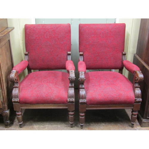 1515 - A pair of Victorian drawing room chairs, the carved walnut framework with scale, acanthus, scroll an... 