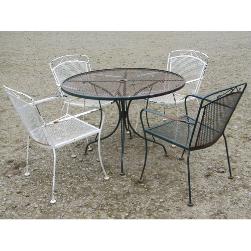 53 - Weathered painted patio suite with lattice and simple scroll detail comprising circular top table, 1... 