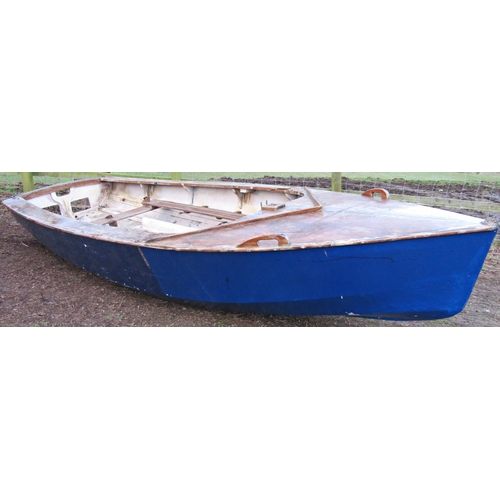 66 - A vintage wooden dinghy with blue painted hull (af) approx 13.5ft long x 160cm wide (used as a film ... 