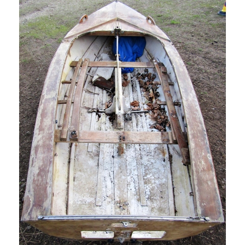 66 - A vintage wooden dinghy with blue painted hull (af) approx 13.5ft long x 160cm wide (used as a film ... 