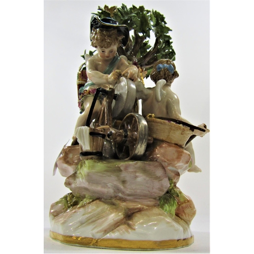 1041 - A Meissen porcelain Cupid sharpening his arrows alongside Psyche inspecting an arrow beneath a tree,... 