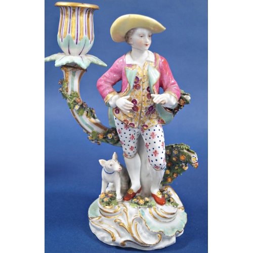 1067 - A pair of 18th century continental porcelain candlesticks with male and female characters each with ... 