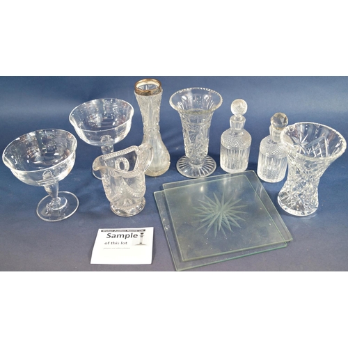 1131 - A quantity of 19th and 20th century glassware consisting of six sorbet dishes, cut glass vases, oil ... 