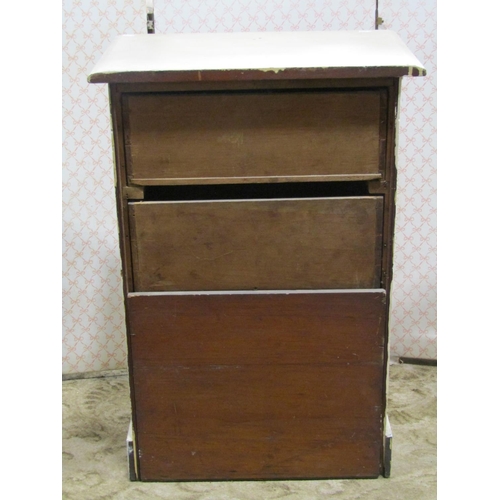 2065 - Late 19th century painted chest of three short graduated pine drawers on a plinth base