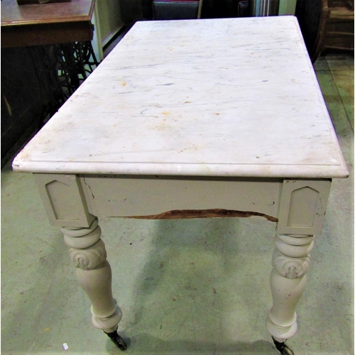 2088 - A Victorian painted kitchen work table with carved detail supporting a heavy white marble work surfa... 