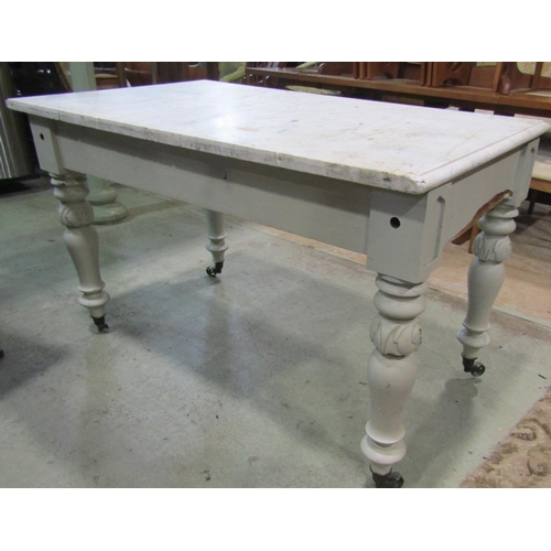 2088 - A Victorian painted kitchen work table with carved detail supporting a heavy white marble work surfa... 