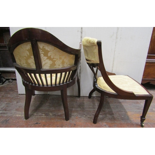 2350 - An inlaid Edwardian mahogany and rosewood tub chair with stick back and sides, shaped supports and a... 