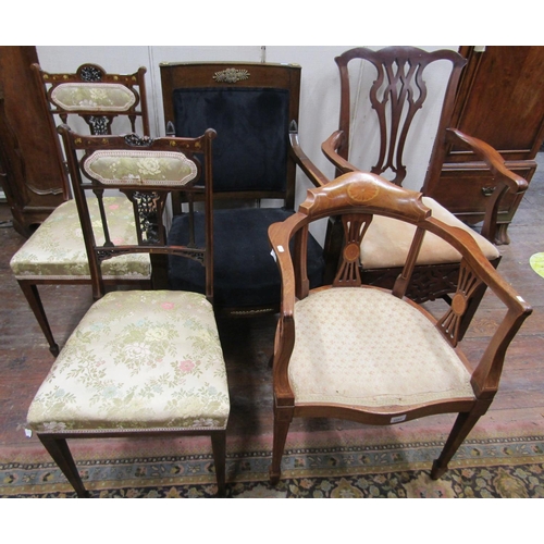 2353 - A pair of inlaid Edwardian rosewood drawing room chairs on square taper legs, a further elbow chair ... 