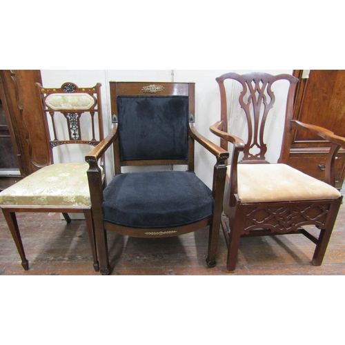 2353 - A pair of inlaid Edwardian rosewood drawing room chairs on square taper legs, a further elbow chair ... 