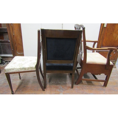 2353 - A pair of inlaid Edwardian rosewood drawing room chairs on square taper legs, a further elbow chair ... 