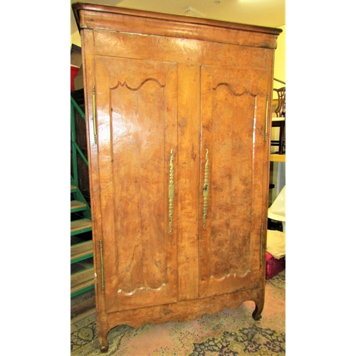 2359 - 18th century fruitwood armoire enclosed by two panelled doors with brass fittings, the interior encl... 