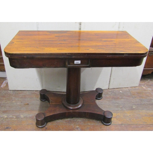 2361 - 19th century rosewood D end fold over top card table raised on a central column and platform base