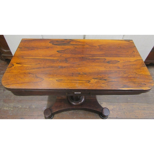 2361 - 19th century rosewood D end fold over top card table raised on a central column and platform base