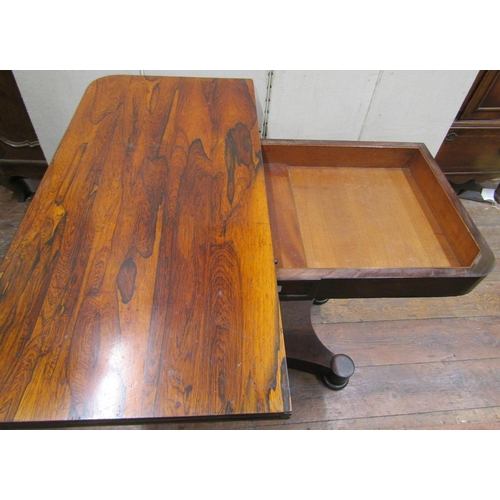 2361 - 19th century rosewood D end fold over top card table raised on a central column and platform base