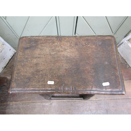 2376 - 18th century oak coffin or joint stool on turned supports, with carved frieze