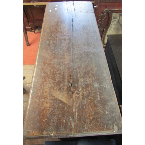 2399 - An 18th century oak six plank coffer with original steel lock plate and hasp, together with carrying... 