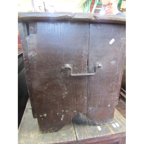 2399 - An 18th century oak six plank coffer with original steel lock plate and hasp, together with carrying... 