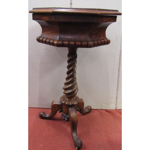 2407 - A mid-Victorian walnut and figured walnut sewing box of octagonal design, raised on a spiral twist v... 