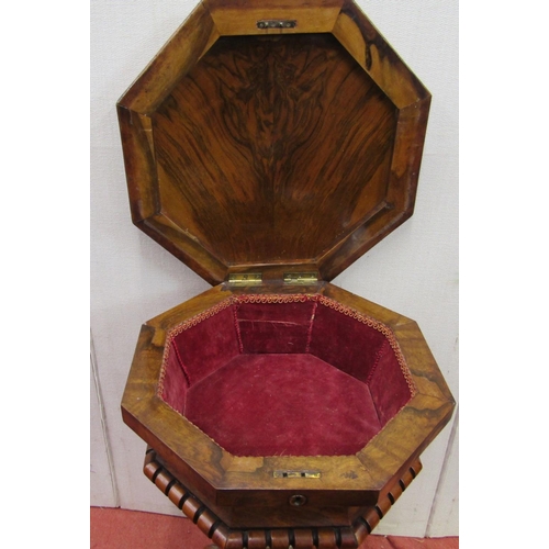 2407 - A mid-Victorian walnut and figured walnut sewing box of octagonal design, raised on a spiral twist v... 