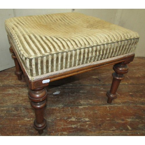 2429 - A 19th century walnut centre stool on four turned supports upholstered top, 50 cm square approximate... 