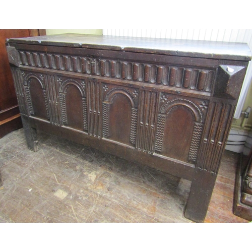 2436 - 17th century oak coffer with rising lid, the front elevation enclosed by four arcaded panels and wit... 