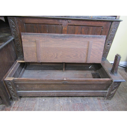 2441 - A substantial Art Nouveau oak sectional corner suite of multi purpose including a box settle with ri... 