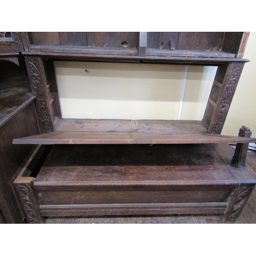 2441 - A substantial Art Nouveau oak sectional corner suite of multi purpose including a box settle with ri... 