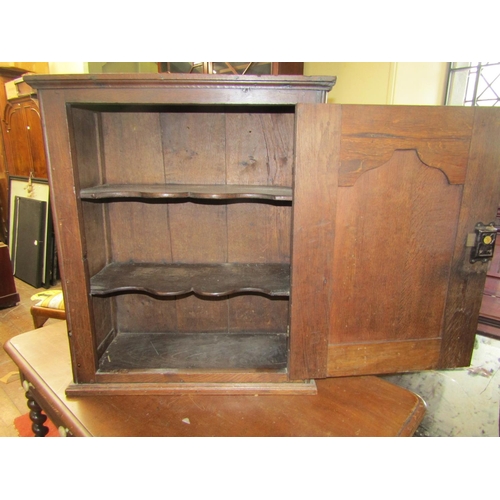 2446 - An 18th century oak hanging wall cupboard enclosed by a shaped and fielded panel with marquetry star... 