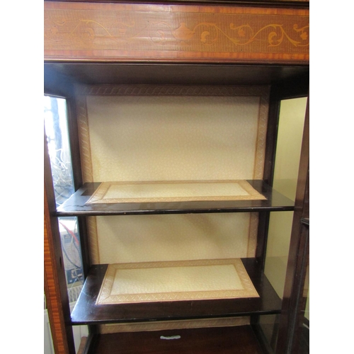 2452 - A well matched pair of inlaid Edwardian mahogany display cabinets each enclosed by a single glazed p... 